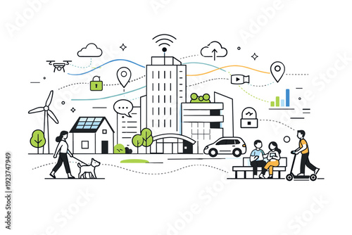 Smart cities and future technology. A clean urban scene with connected buildings, sensors, and data lines flowing between them. Calm everyday