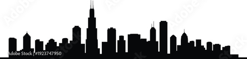 Chicago city skyline silhouette vector illustration with Willis Tower, urban architecture, modern buildings, black outline design for stock contentChicago city skyline silhouette