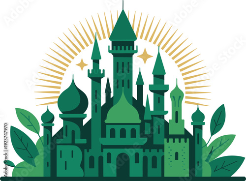 Fantasy castle palace vector illustration with green towers, domes architecture, cultural fusion design, golden rays background, mystical landmark art