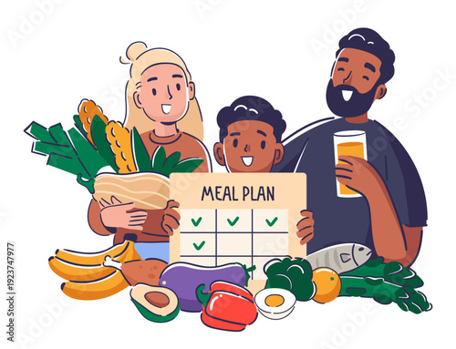 Happy family hand drawn characters preparing meal plan onto weekly calendar due to healthy program