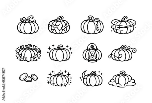 Magical autumn pumpkins. Line outline icon set of Magical autumn pumpkins: fantasy pumpkin,