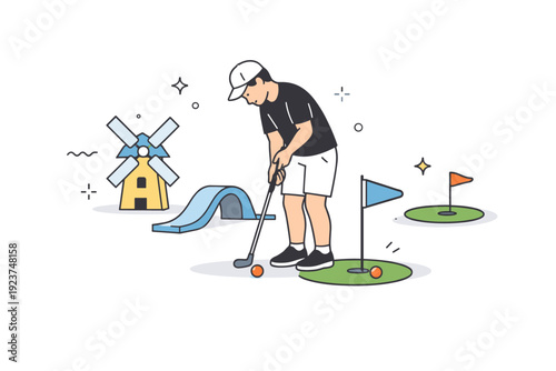 Focused Mini-Golf Moment. Seasonal mini-golf visits. Person carefully aiming a putt, focused posture and quiet concentration, simple colorful mini-golf