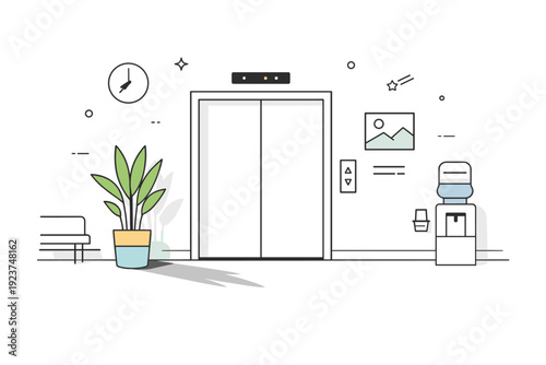 Office lobbies after hours. Elevator doors closed, indicator lights dim, potted plant casting a long shadow. Editorial scene focused on