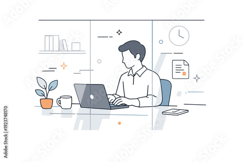 People behind glass. An office worker visible through a glass wall, sitting at a desk with reflections overlapping the figure. Quiet focus