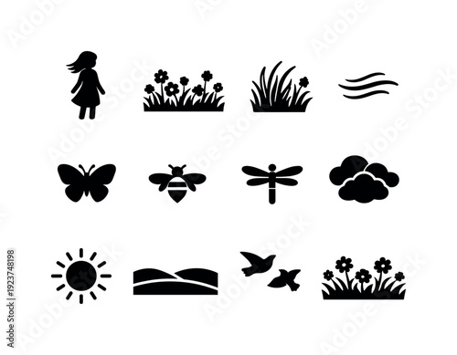 Girl among wildflowers. Filled icon set of Girl among wildflowers: girl figure, wildflower