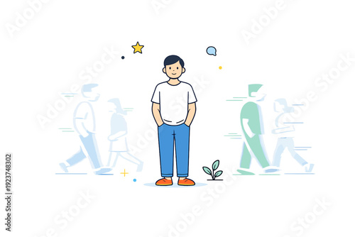 Standing still with no task. A character remains quietly in place, surrounded by empty space or subtle motion blur of others. The scene