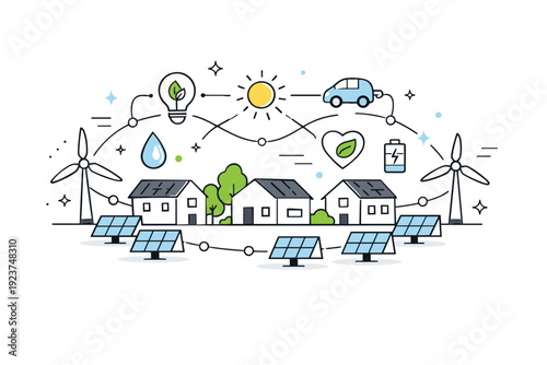 Energy-efficient neighborhood design. Houses surrounded by solar panels, wind turbines, and connected lines, abstract floating stars and