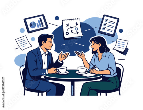 Business discussion at a cafe. Man and woman sitting across a small round table, coffee cups