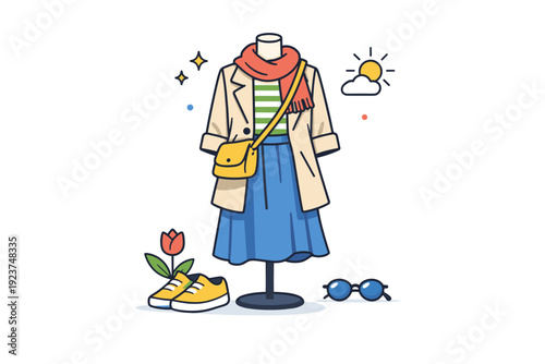 Spring Fashion Elegance. Spring fashion outfits light layered clothing arranged on a simple mannequin silhouette, expressing freshness, confidence and seasonal