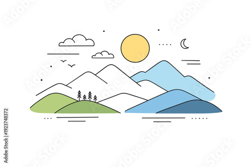 Mountain landscape scene. Abstract hills layered with sun and clouds, creating depth in a simple, clean way. Quiet, harmonious outdoor mood