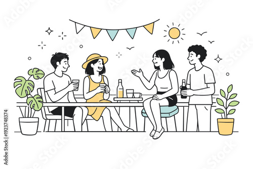 Relaxed summer social life aesthetics. Small group chatting on a balcony with plants and warm sunlight around. Calm social bonding in an open, seasonal