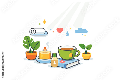 Spring mobile wallpaper a calm self care moment with plants, light rays, and soft decorative elements arranged for a tall screen, expressing clarity and