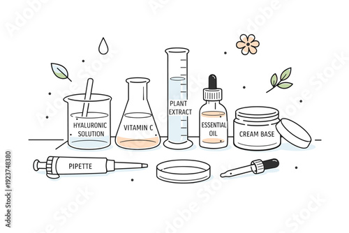 Minimalist Skincare Lab. Minimalist skincare lab formulation. A clean bench setup with labeled glassware, pipettes, and soft botanical symbols gently floating