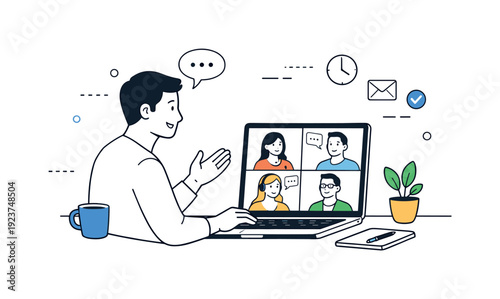 Man on a video call with colleagues, discussing work and collaborating remotely