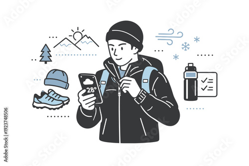 Preparing for a cold trail run. A runner adjusting layers and checking weather on a phone, showing mindful planning before heading out. Calm