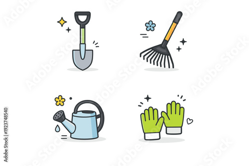 Spring tools flat icons. A clean set of gardening tools like shovel, rake, watering can, and gloves arranged as simple flat icons. Fresh