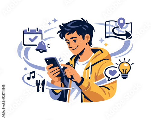 AI in everyday life. Person using a smartphone while AI icons assist with reminders,