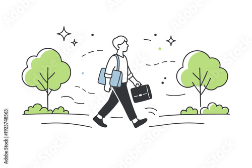 Calm walk to work. A person strolls through a quiet tree-lined path with soft morning light, abstract stars and lines emphasizing calm focus,