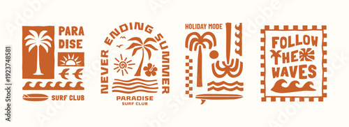 Retro surf and paradise vector set with palm trees, waves, sun and bold typography compositions. Tropical summer graphics ideal for t-shirts, posters and beach branding.