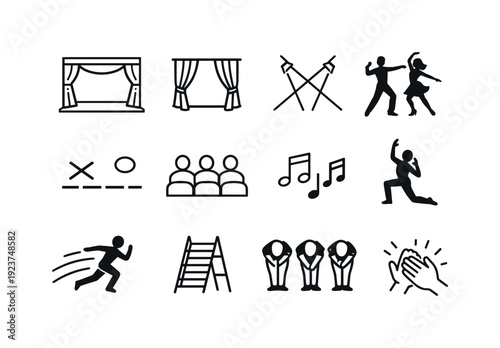 Stage Dance Performance. Line outline icon set of Stage Dance Performance: theater stage,