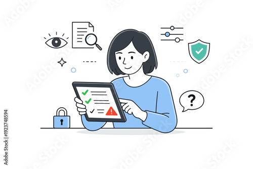 Ethical AI concepts. Person reviewing AI guidelines on a tablet with simple checkmarks and warning symbols, focused and calm mood around transparency and