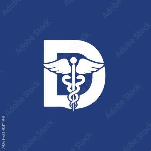 Modern Medical Logo Featuring a White Letter D Monogram with a Caduceus Symbol and Wings on a Professional Blue Background