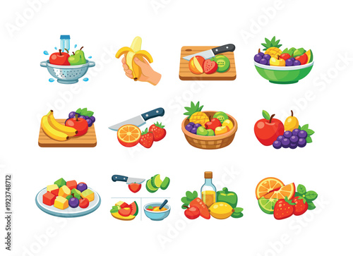 Fruit preparation. Colorful flat vector icons set of Fruit preparation: washing fruit,