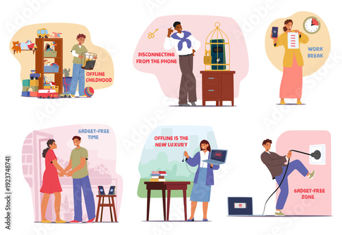 Businesspeople, children, young couple control digital time with conscious technology use set