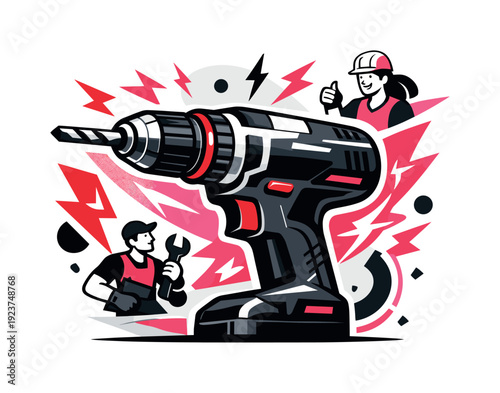 Electric Drill Power. Industrial power tool. Electric drill enlarged like a hero object, glowing accents,