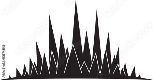 Black and white cityscape with jagged skyline silhouette graphic