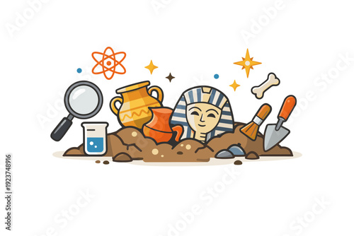 Excavating ancient ruins shown as a careful balance between science and curiosity, with clean visual symbols of excavation tools and fragile