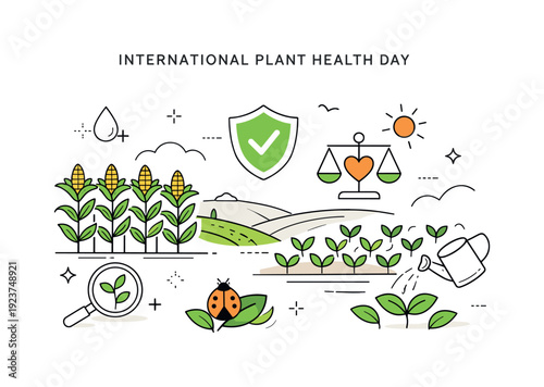 International Plant Health Day. Healthy crops growing in orderly fields with subtle symbols of protection and balance. Quiet, optimistic