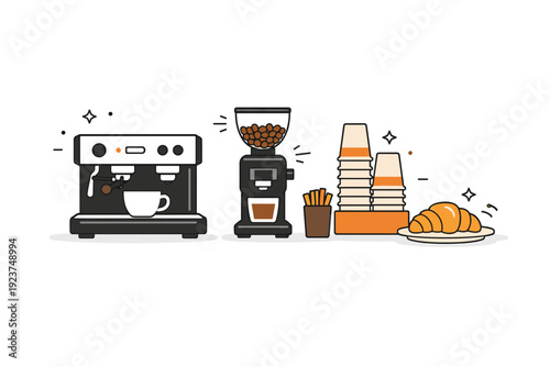 Cafe counter essentials. Simple objects like coffee machine, grinder, cup stack, and croissant shown with gentle geometry, capturing the cozy feel of a modern