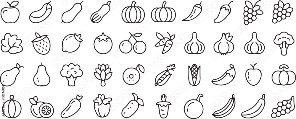Fototapeta premium fruit line art collection of apple banana grape tomato icons