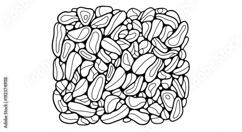 Minimalist monochrome graphic pattern illustration featuring a dense arrangement of abstract organic pebble-like shapes, creating a unique and modern texture for design projects