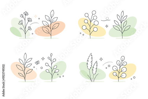 Botanical minimal backgrounds. Delicate plant silhouettes and soft leaf shapes arranged with plenty of white space, creating a calm natural atmosphere. The