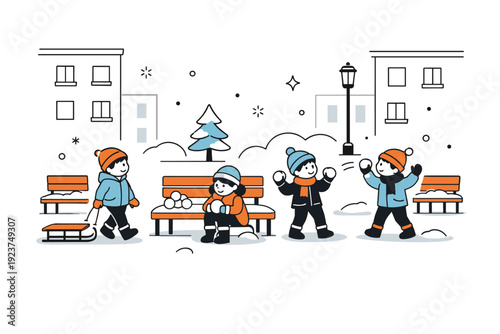Urban Winter Courtyard. Snow play in urban courtyards. Editorial composition with snowballs, simple sled, and benches arranged neatly between apartment blocks.