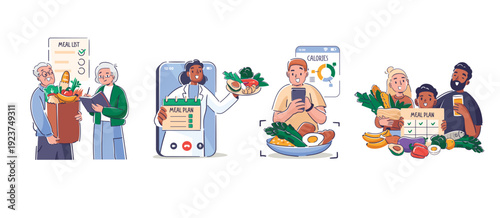 Diverse people of different age practicing mindful food selection and nutritional planning