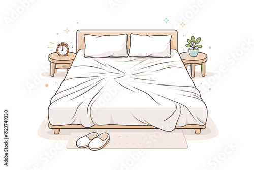 Wrinkled bedding impressions without people. A neatly framed bed surface shows creases and fabric tension where someone recently lay. The