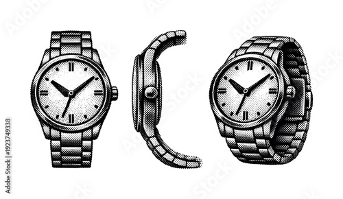 Classic wristwatch shown from three different angles in a vintage illustration style