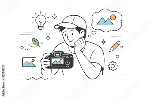 Creative photography workflow. A photographer reviewing photos on a camera screen, reflecting on results and composition. Calm satisfaction with abstract