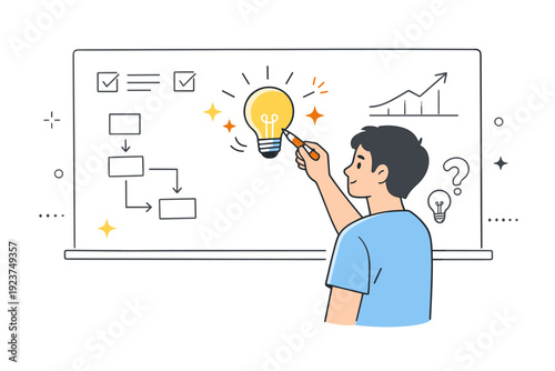Solo problem-solving whiteboard scenes. Person highlighting a key point on the board, light emphasis marks and stars around the idea. Moment of insight and