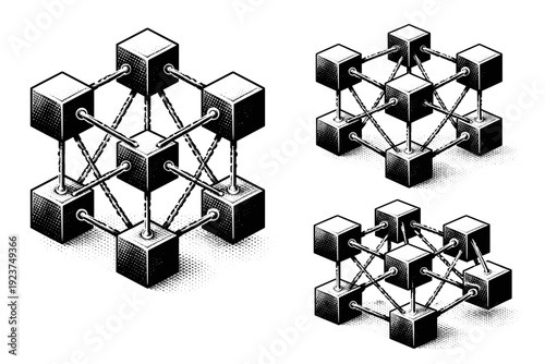 Blockchain network ? distributed node cluster. A single blockchain node cluster object depicted in three views showing frontal arrangement,