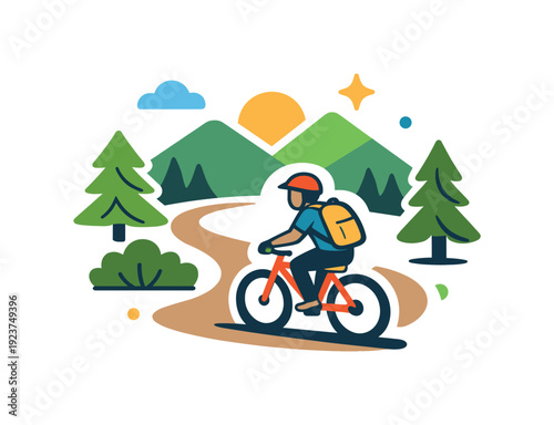Mountain biker riding on a scenic trail through green hills and pine trees