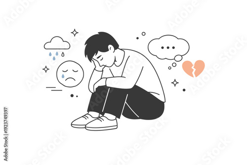 Human emotions ? sadness and reflection. Character with lowered posture and muted emotion symbols, expressing vulnerability and introspection. Calm, respectful
