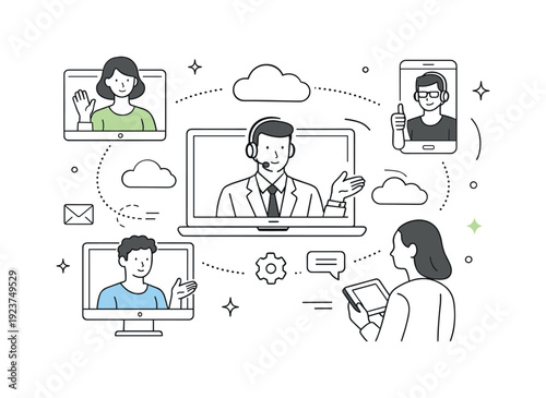 Remote Leadership Connection. Remote leadership. A leader connecting with team members through screens and devices. Modern management and trust across distance