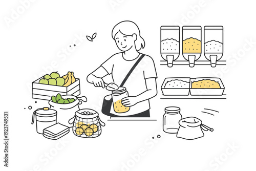 Zero-waste grocery routine. A shopper selecting unpackaged fruits and grains with reusable containers and cloth bags nearby. Mindful habits,