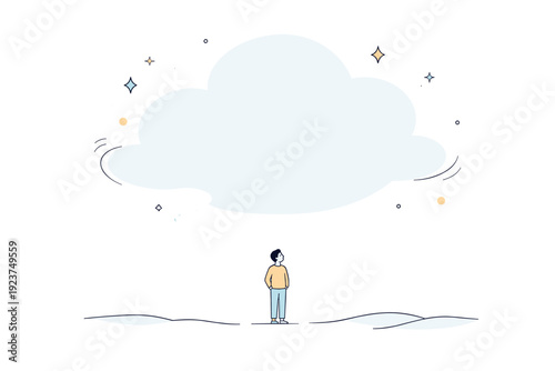 Minimalist Open Sky. Single person in wide frame. A small human figure centered beneath a large open sky shape, minimal ground detail below. The composition