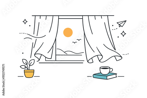 Breezy Afternoon Curtains. Curtains half open. A gentle breeze lifting the edge of half-open curtains, subtle motion and light entering. Calm afternoon