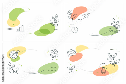 Corporate spring background sets. A soft abstract composition with botanical hints and rounded geometric forms, suitable for corporate